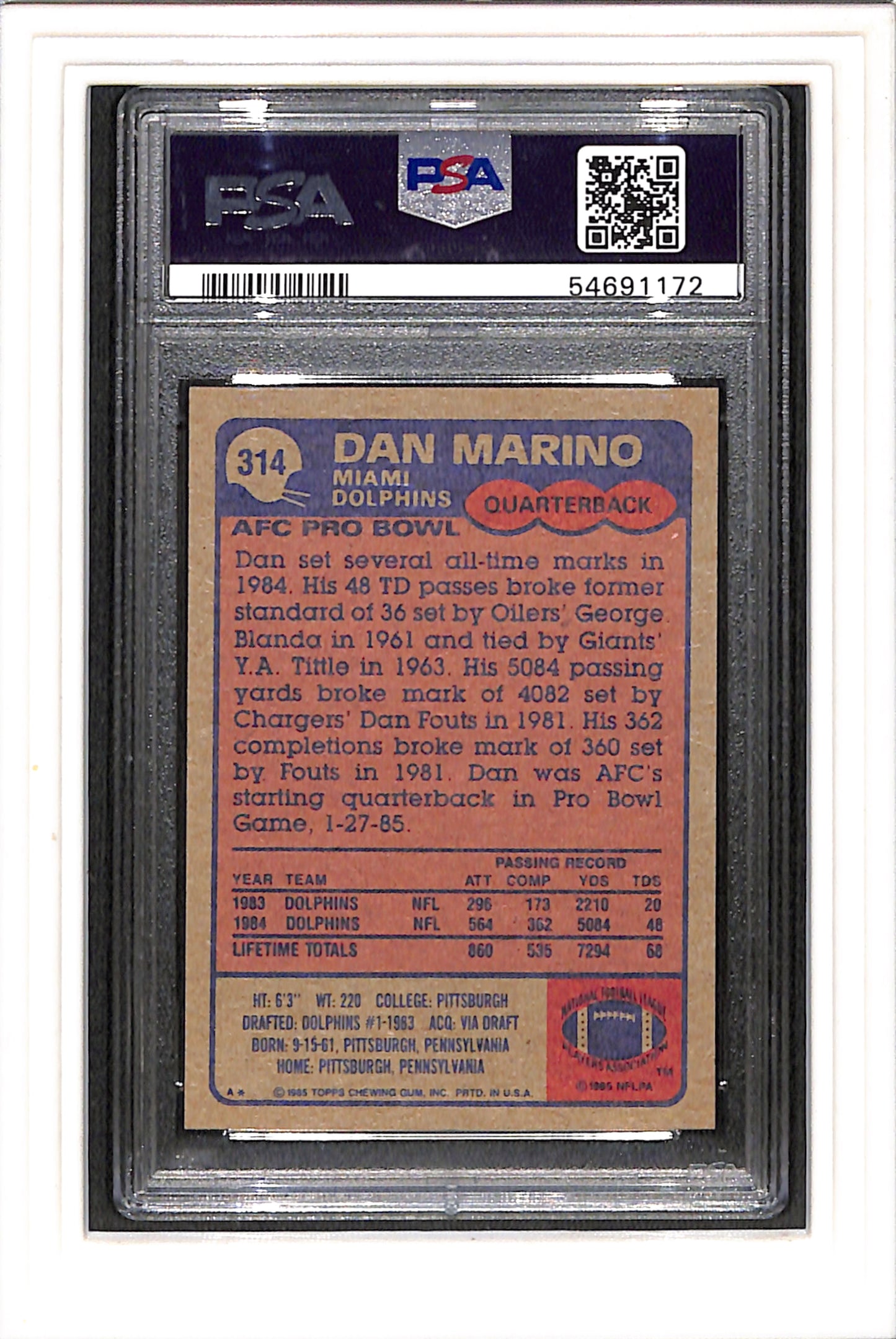 1985 Topps #314 Dan Marino All Pro PSA 8 SN 54691172