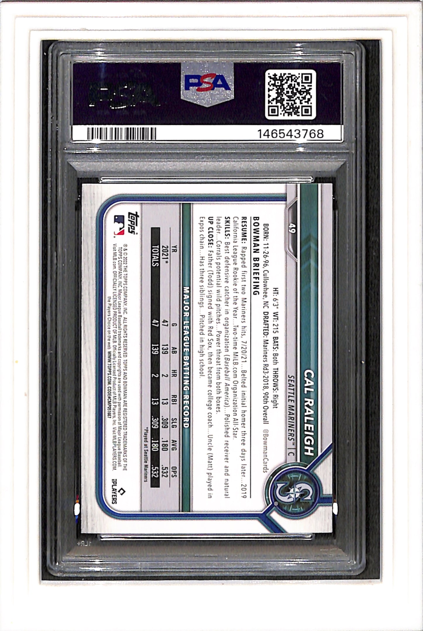 2022 Bowman #49 Cal Raleigh PSA 10 SN 146543768