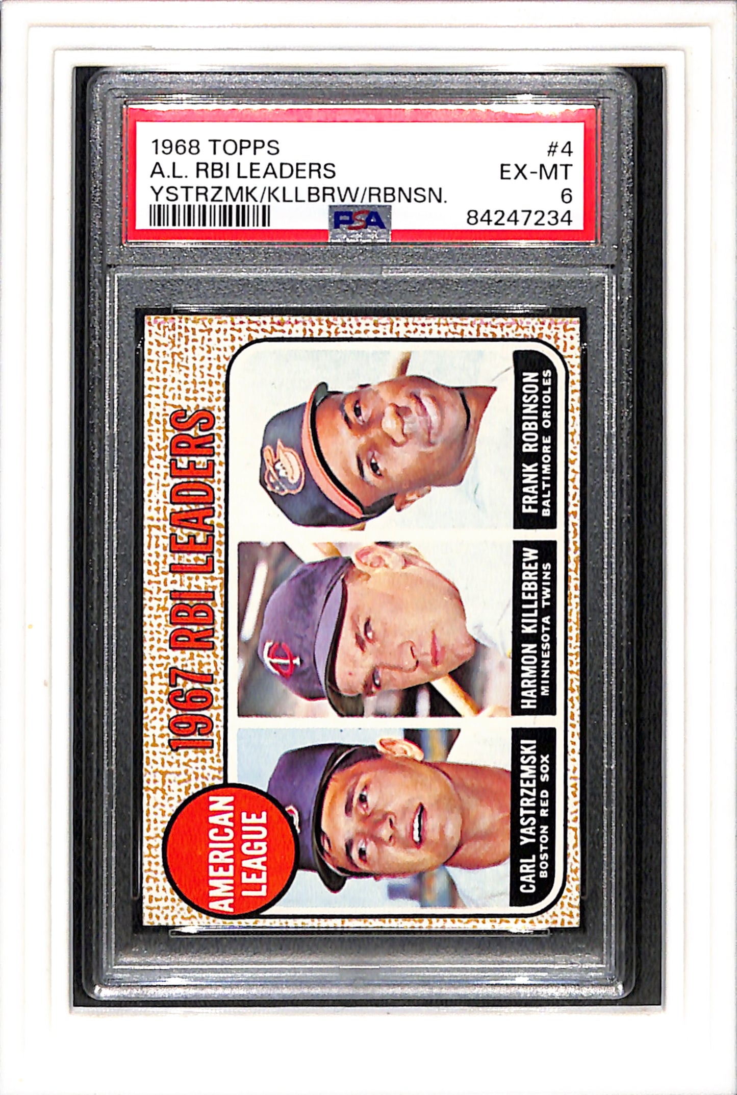 1968 Topps #4 A.L. Rbi Leaders Ystrzmk/Kllbrw/Rbnsn. PSA 6 SN 84247234