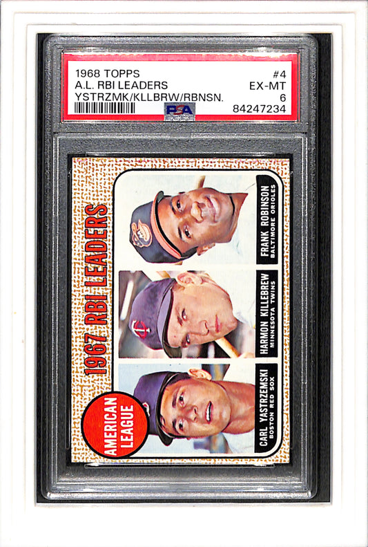 1968 Topps #4 A.L. Rbi Leaders Ystrzmk/Kllbrw/Rbnsn. PSA 6 SN 84247234