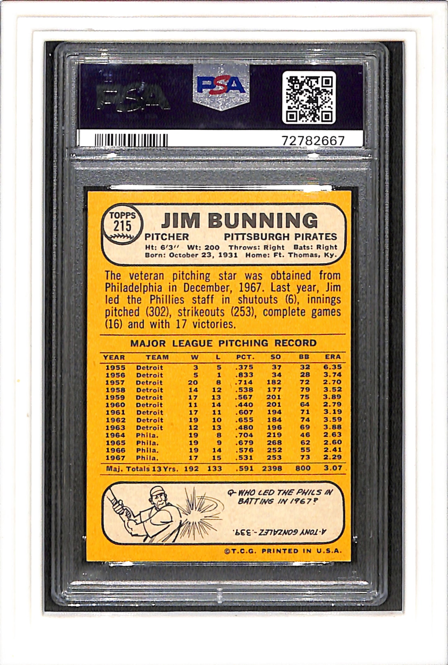 1968 Topps #215 Jim Bunning PSA 8 SN 72782667