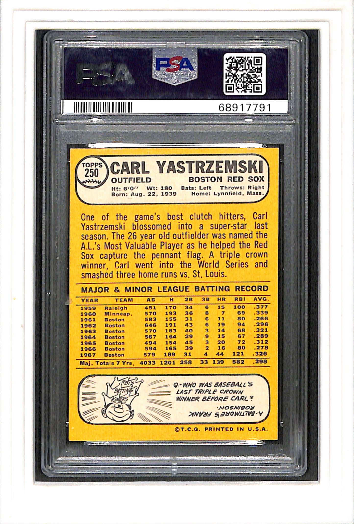 1968 Topps #250 Carl Yastrzemski PSA 8 SN 68917791