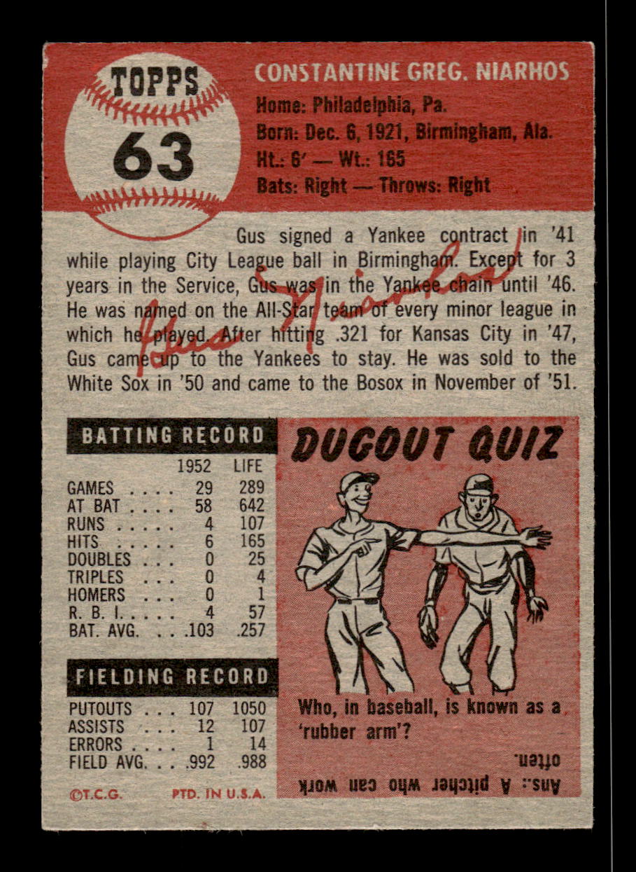 1953 Topps #63 Gus Niarhos No Creases VGEX HOF10011233
