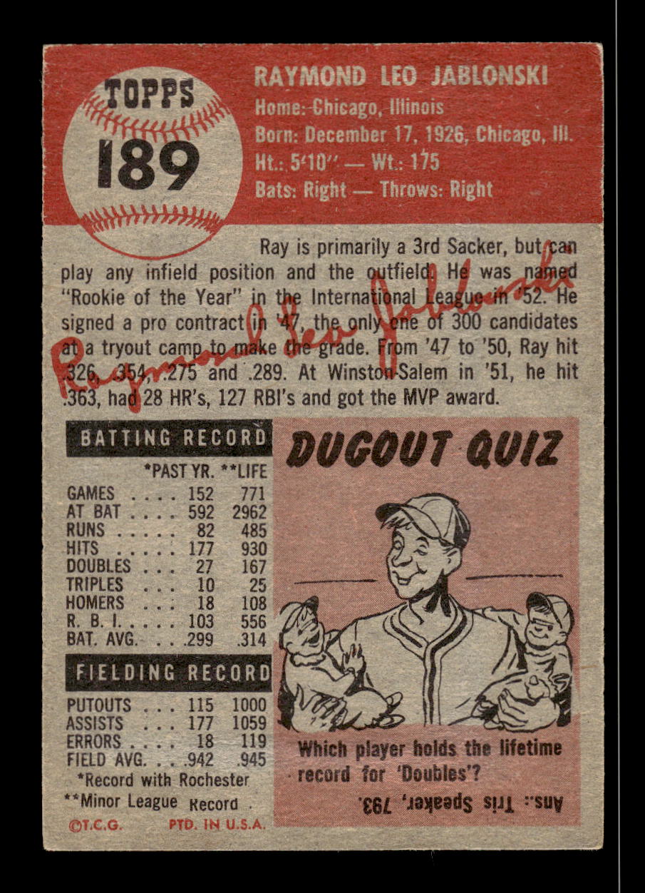 1953 Topps #189 Ray Jablonski No Creases VGEX HOF10011239
