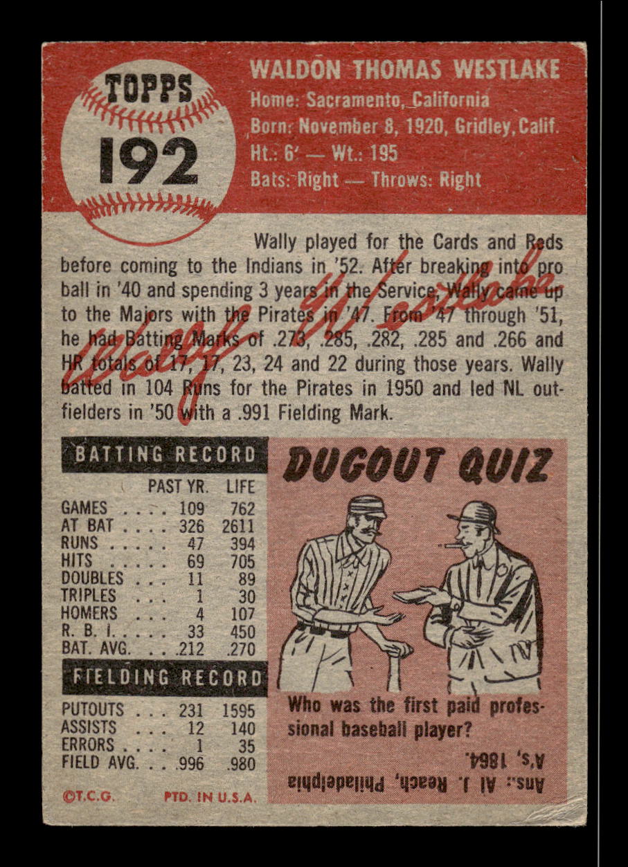 1953 Topps #192 Wally Westlake Cleveland Indians VGEX HOF10011240