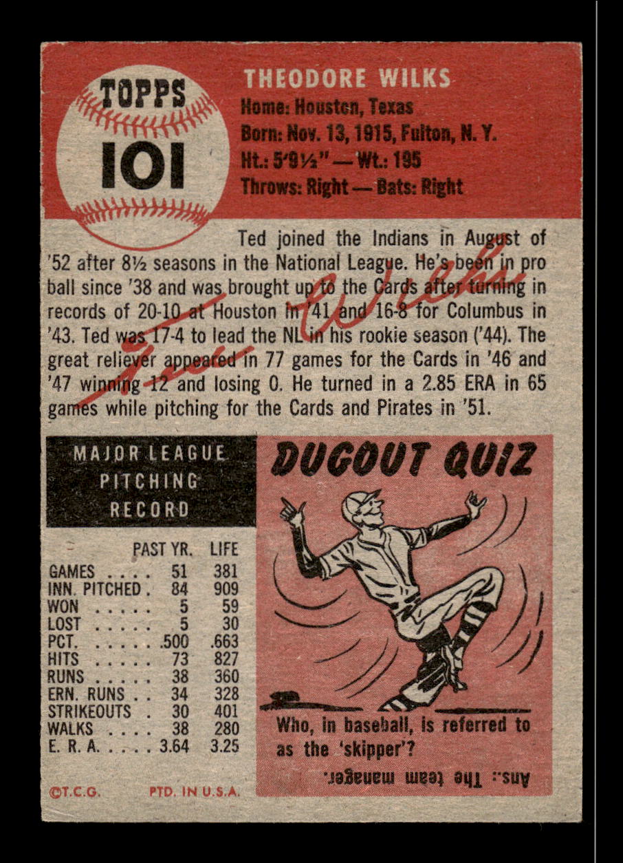 1953 Topps #101b Ted Wilks Cleveland Indians VGEX HOF10011241