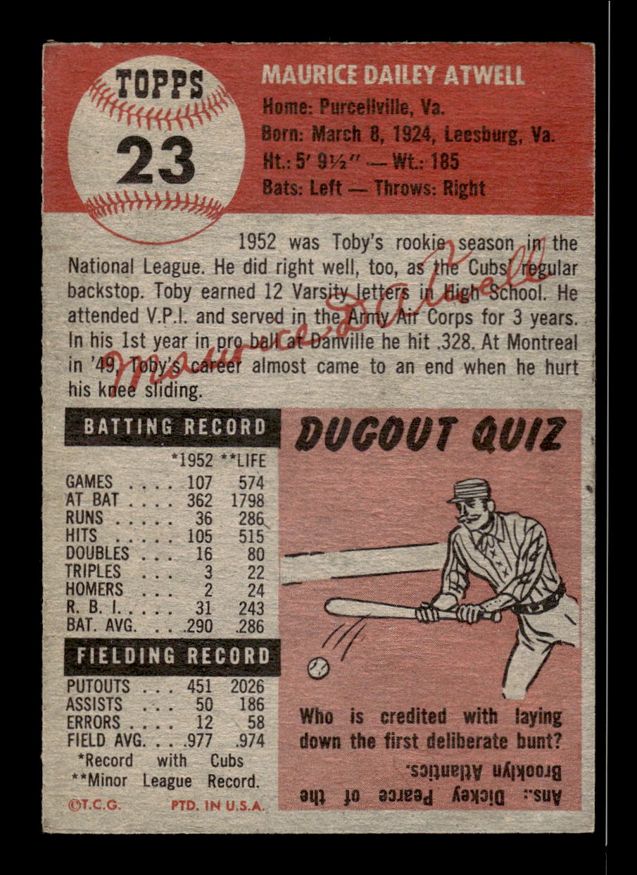 1953 Topps #23 Toby Atwell Chicago Cubs VGEX HOF10011244