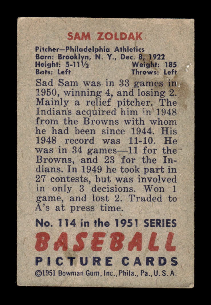 1951 Bowman #114 Sam Zoldak Philadelphia Athletics G/VG HOF10011270