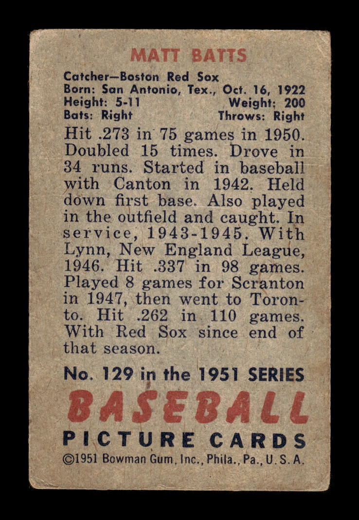 1951 Bowman #129 Matt Batts Boston Red Sox G/VG HOF10011274
