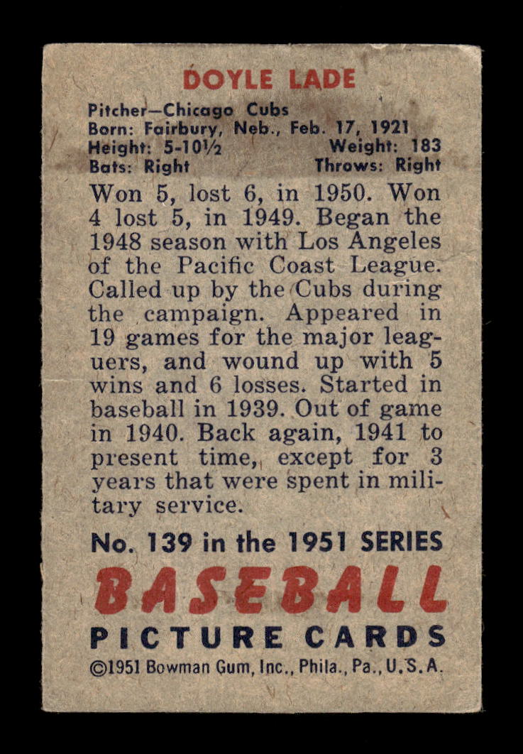 1951 Bowman #139 Doyle Lade Chicago Cubs G/VG HOF10011279