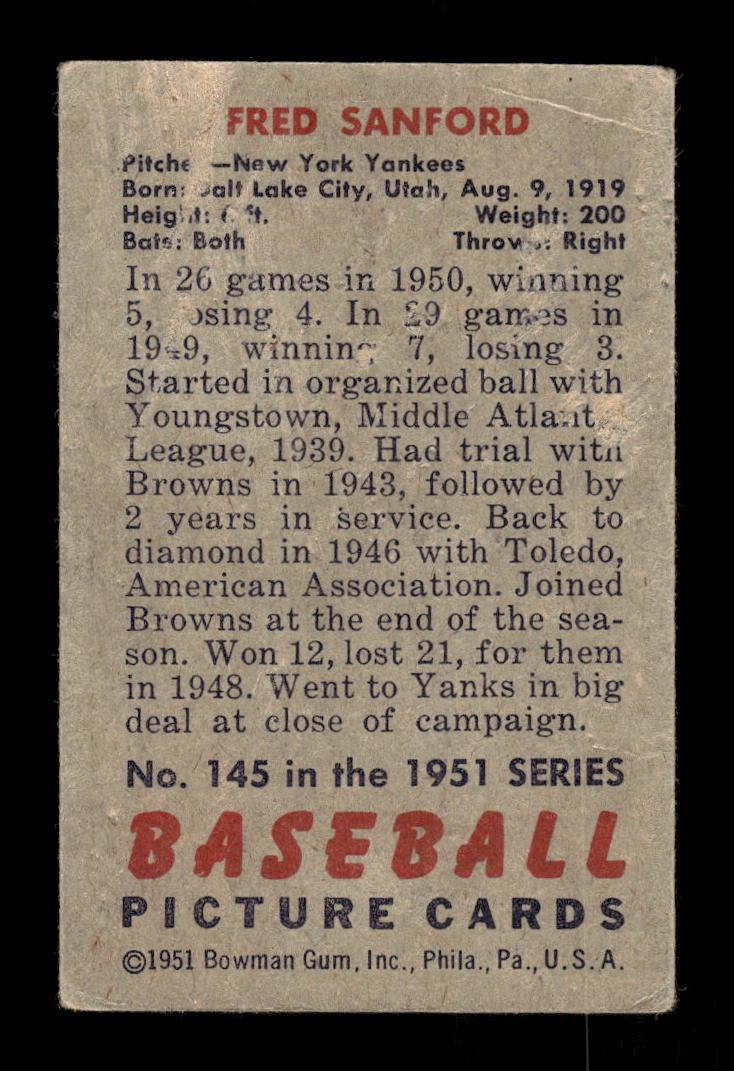 1951 Bowman #145 Fred Sanford New York Yankees G/VG HOF10011283