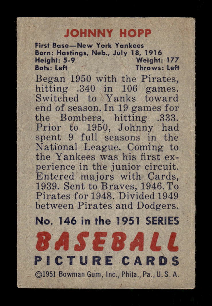 1951 Bowman #146 Johnny Hopp New York Yankees G/VG HOF10011285