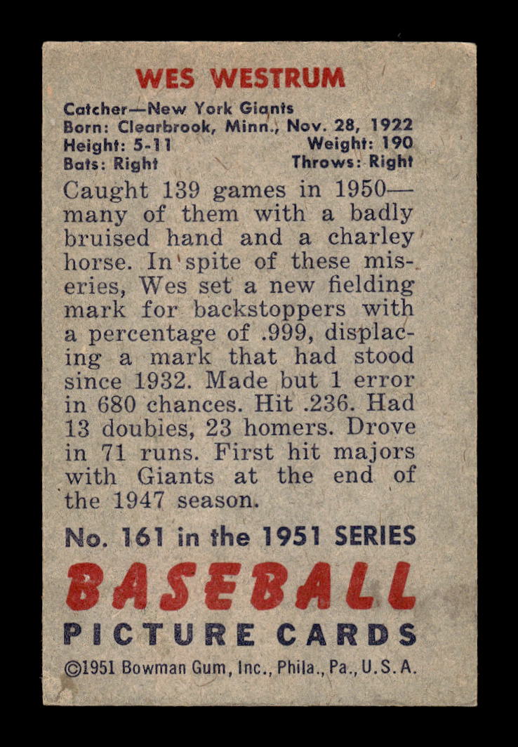 1951 Bowman #161 Wes Westrum New York Giants G/VG HOF10011289