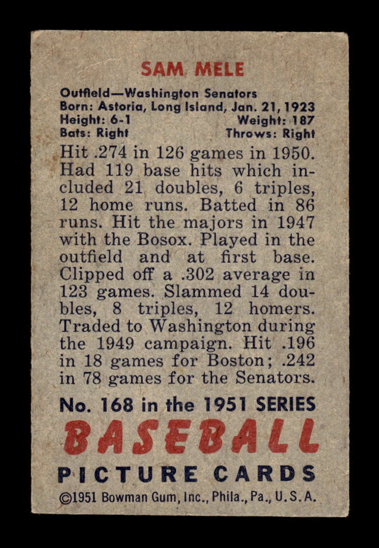1951 Bowman #168 Sam Mele Washington Senators G/VG HOF10011292