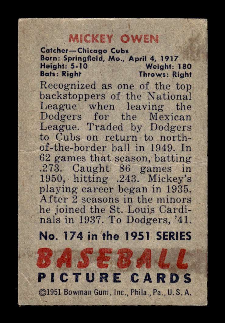 1951 Bowman #174 Mickey Owen Chicago Cubs G/VG HOF10011295