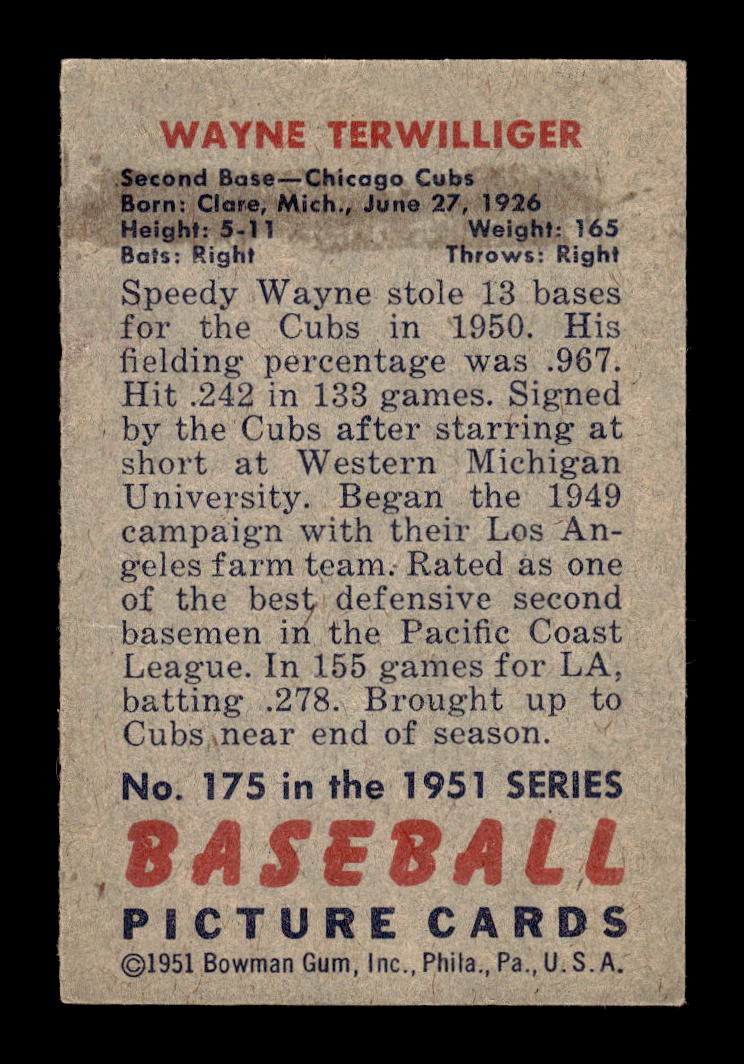 1951 Bowman #175 Wayne Terwilliger Chicago Cubs G/VG HOF10011296