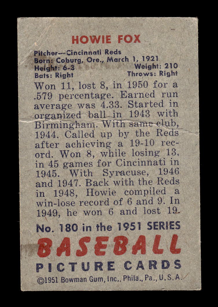 1951 Bowman #180 Howie Fox Cincinnati Reds G/VG HOF10011300
