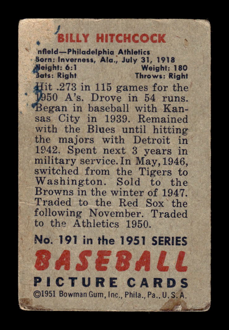 1951 Bowman #191 Billy Hitchcock Philadelphia Athletics G/VG HOF10011303