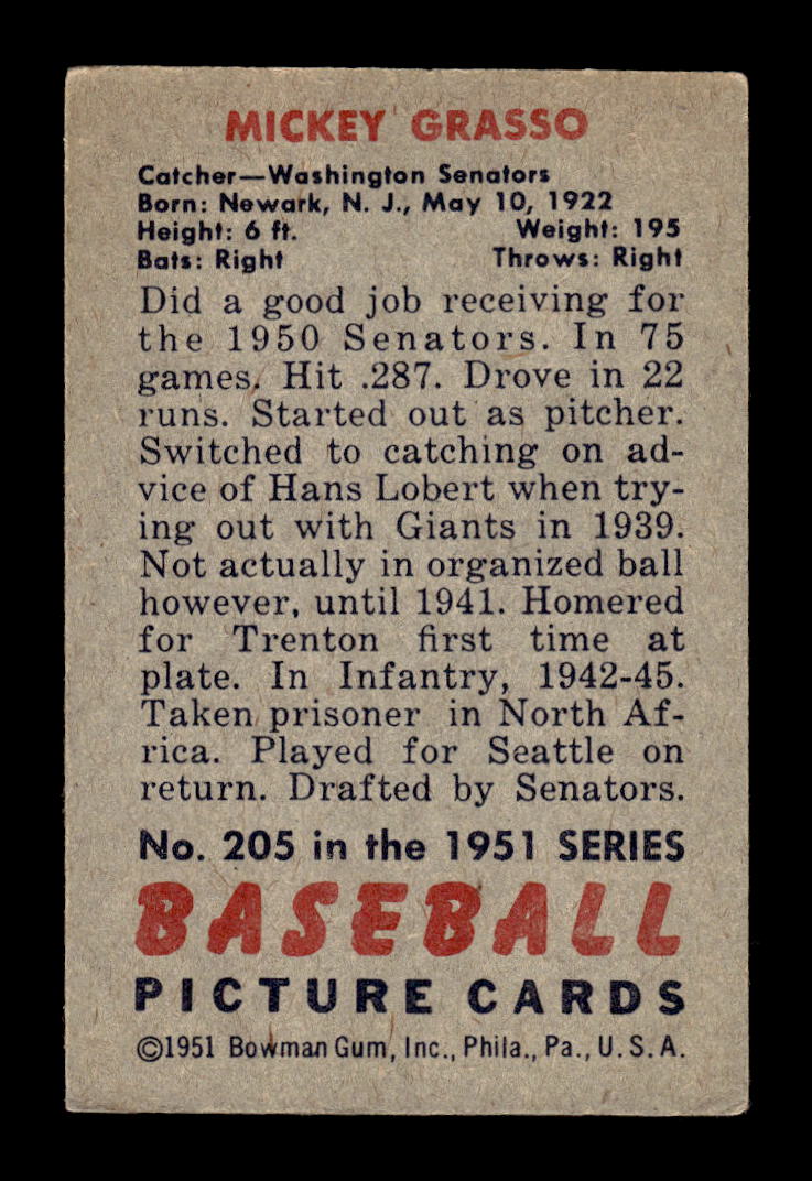 1951 Bowman #205 Mickey Grasso Washington Senators G/VG HOF10011306