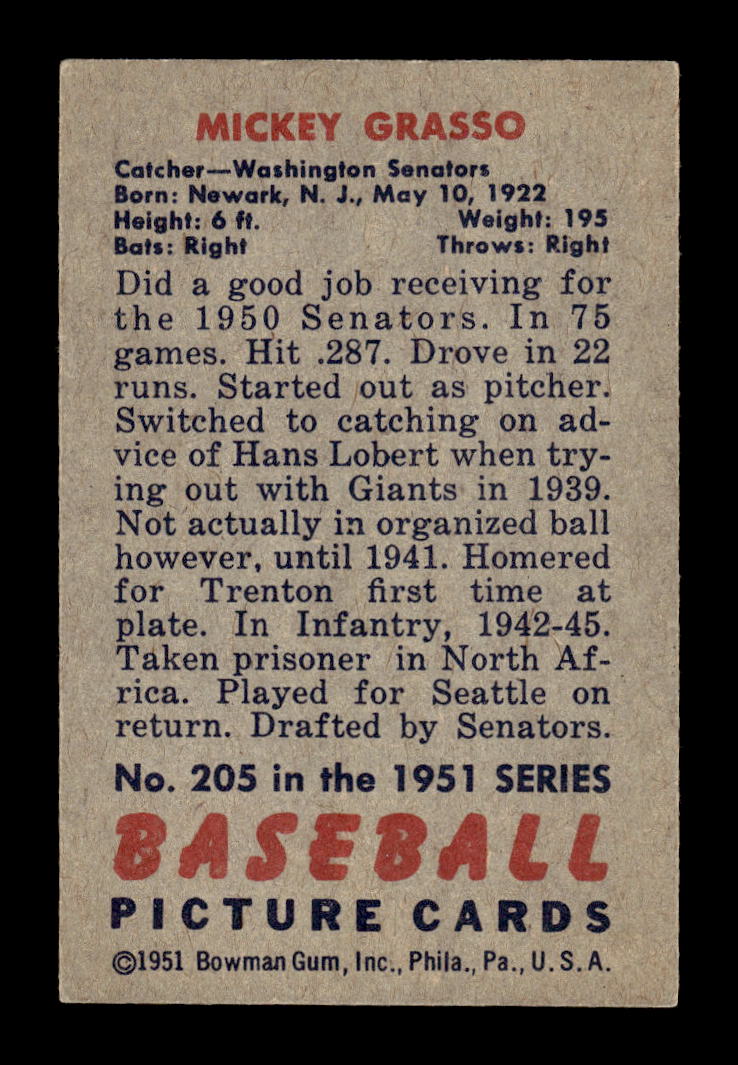 1951 Bowman #205 Mickey Grasso Washington Senators G/VG HOF10011307