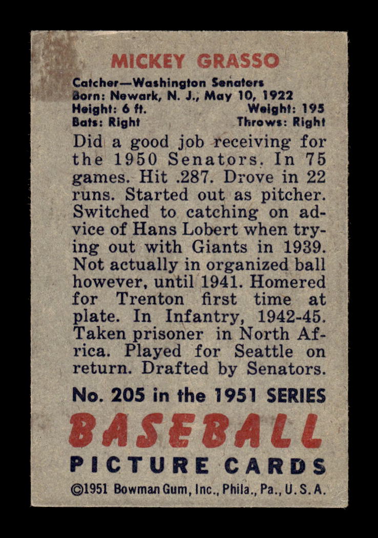 1951 Bowman #205 Mickey Grasso Washington Senators G/VG HOF10011308