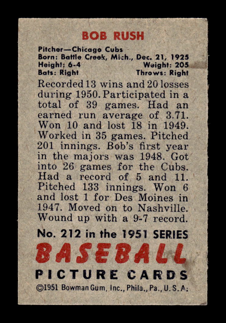 1951 Bowman #212 Bob Rush Chicago Cubs EX HOF10011311