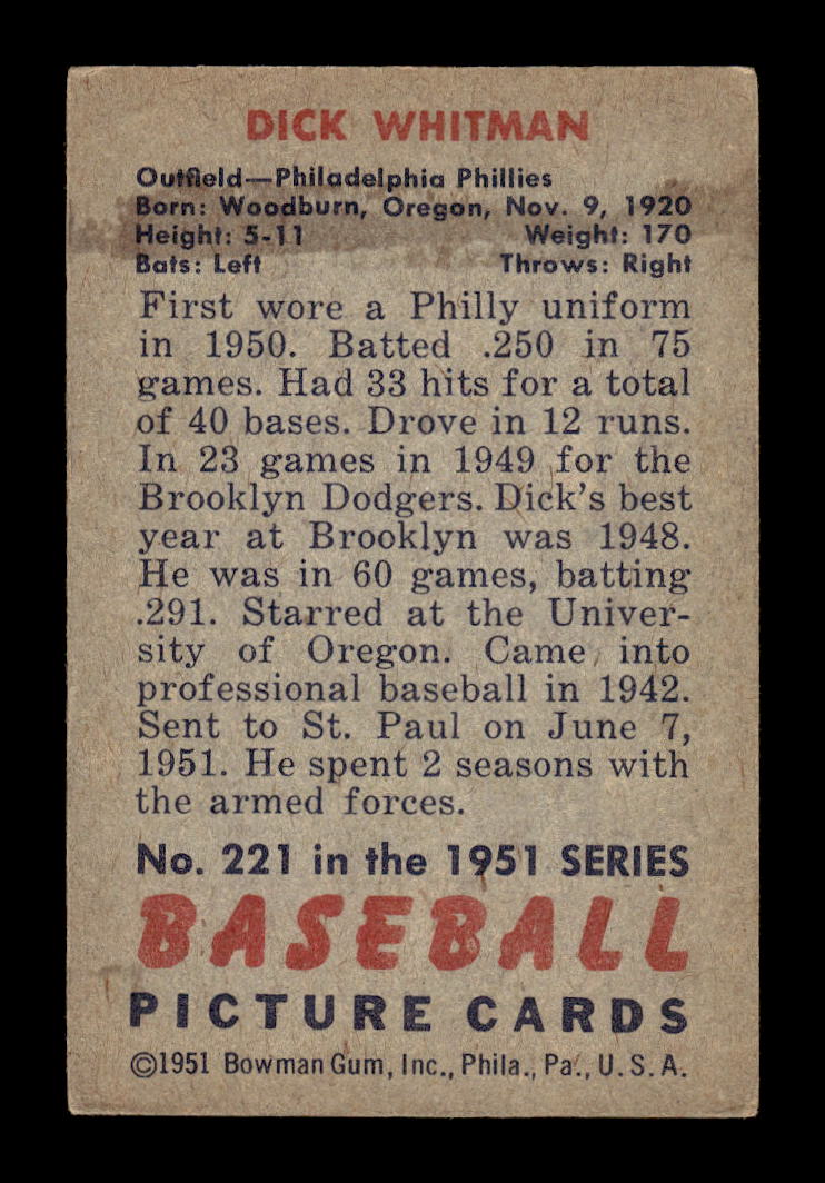 1951 Bowman #221 Dick Whitman Philadelphia Phillies G/VG HOF10011315
