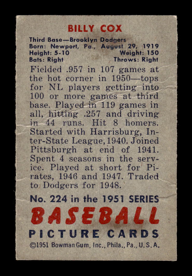 1951 Bowman #224 Billy Cox Brooklyn Dodgers G/VG HOF10011316