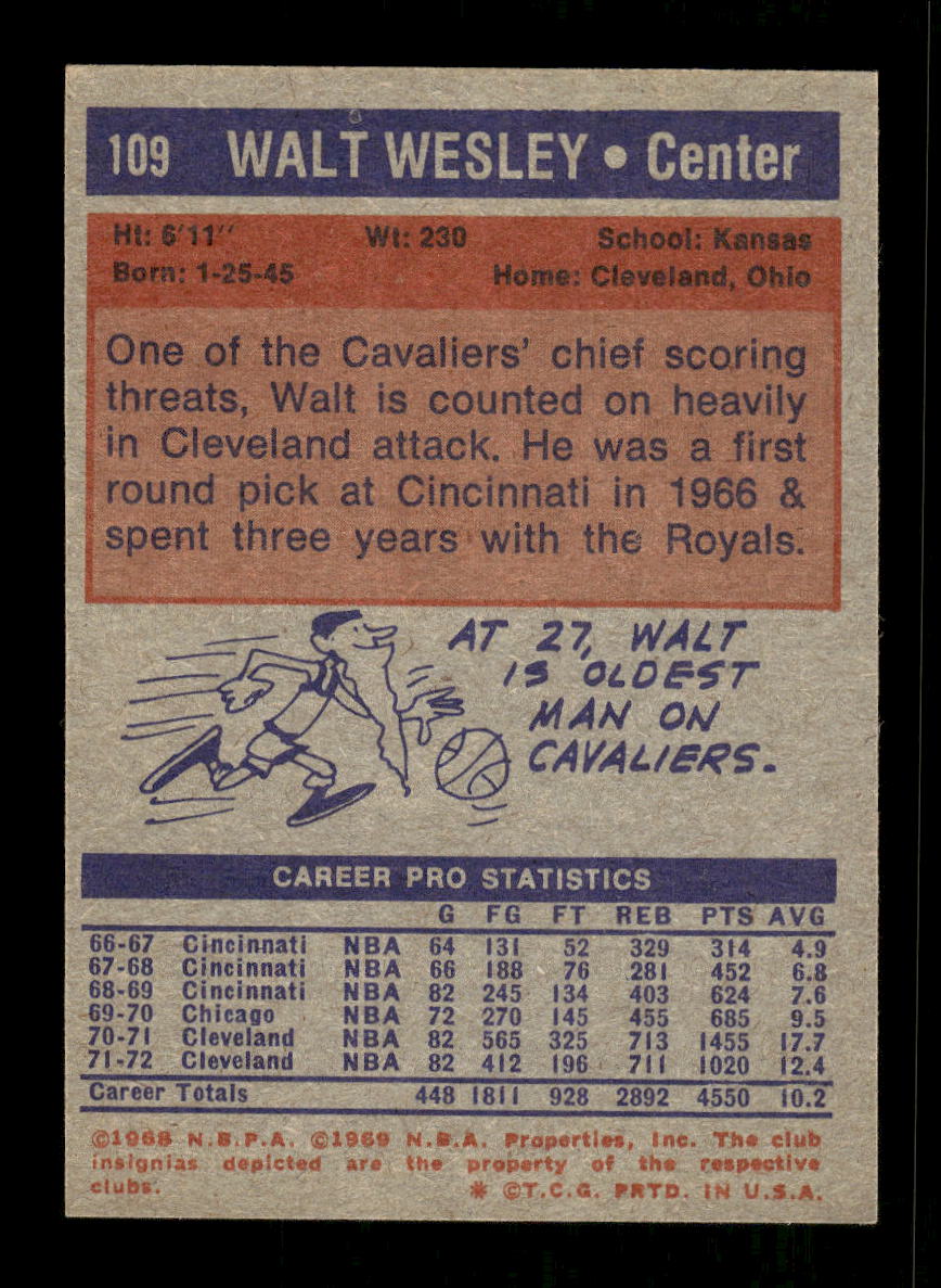1972-73 Topps #109 Walt Wesley Cleveland Cavaliers EXMT HOF10011419