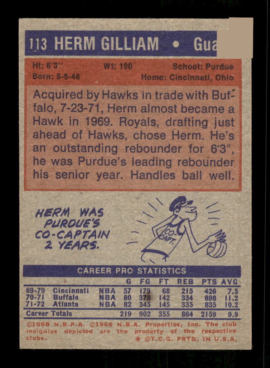 1972-73 Topps #113 Herm Gilliam Atlanta Hawks EXMT HOF10011426