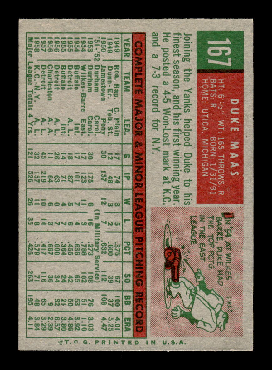 1959 Topps #167 Duke Maas New York Yankees NMT HOF10011451