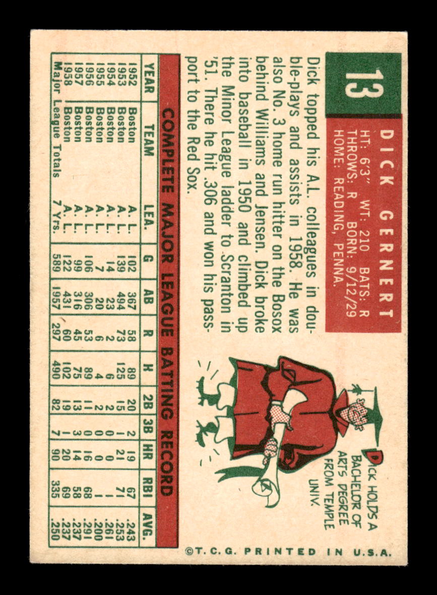 1959 Topps #13 Dick Gernert Boston Red Sox NMT HOF10011467