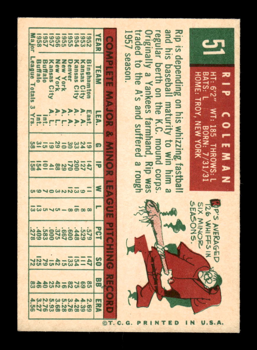 1959 Topps #51 Rip Coleman Kansas City Athletics NMT HOF10011477