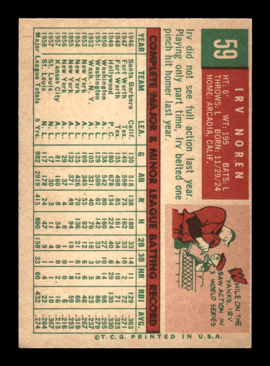 1959 Topps #59 Irv Noren St. Louis Cardinals NMT HOF10011480