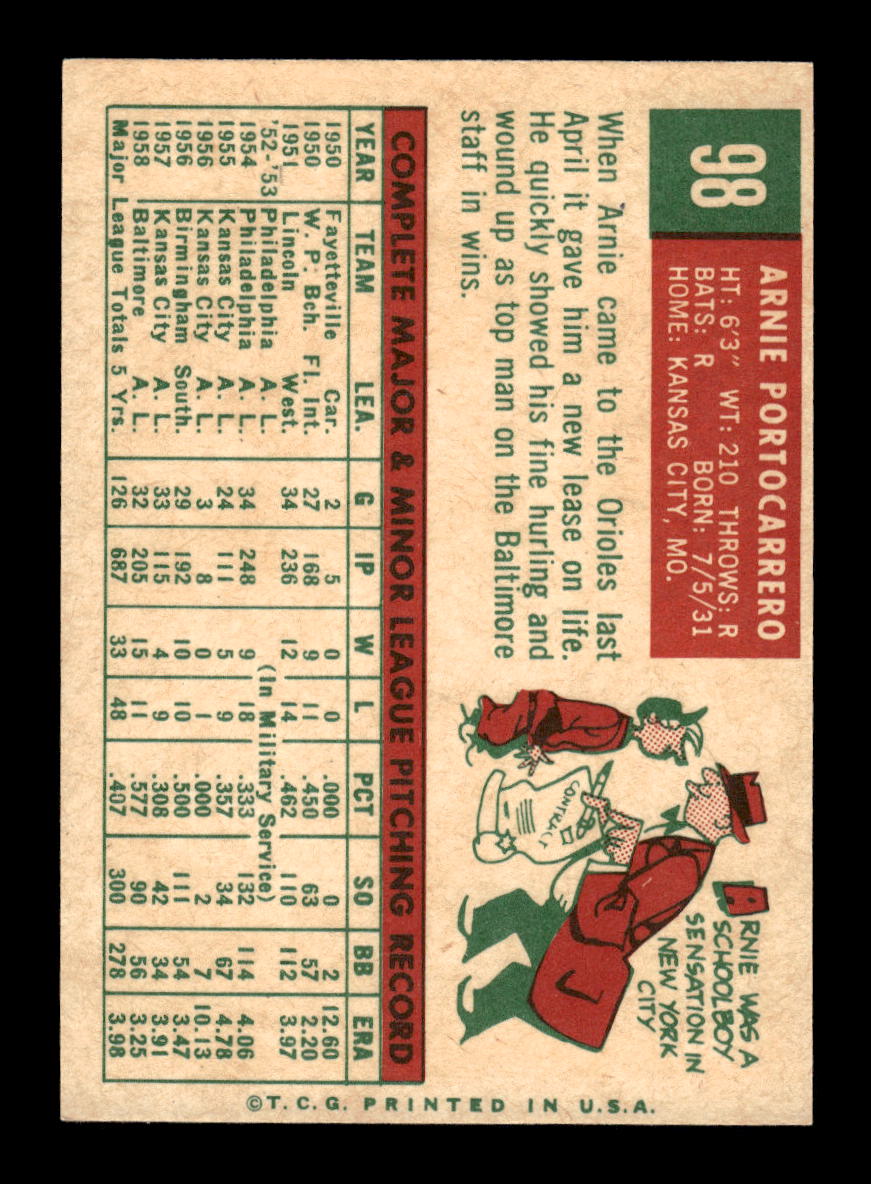1959 Topps #98 Arnie Portocarrero Baltimore Orioles NMT HOF10011482