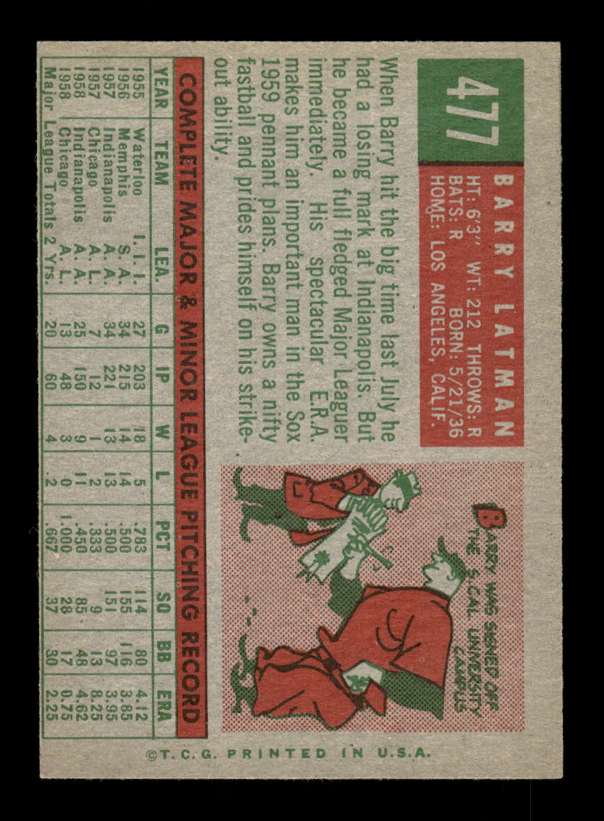 1959 Topps #477 Barry Latman Chicago White Sox NMT HOF10011495