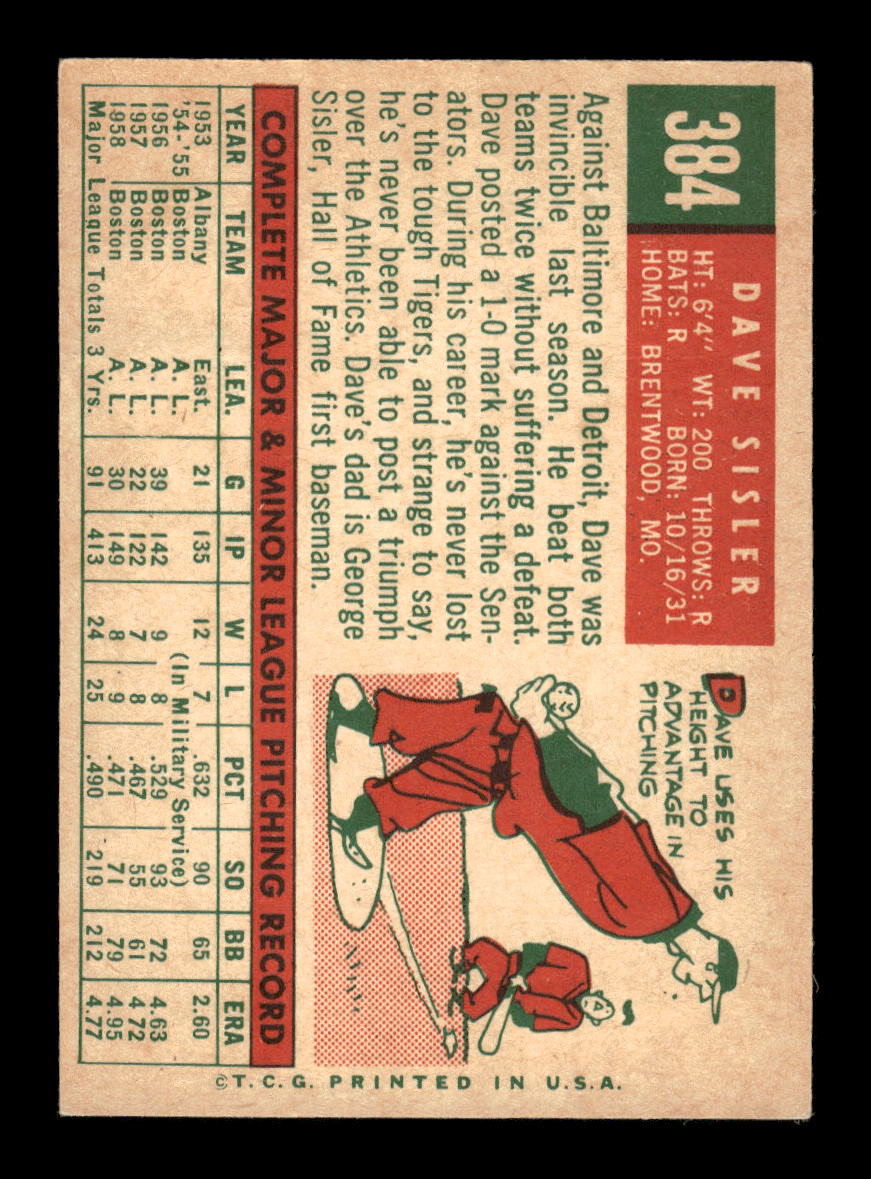 1959 Topps #384 Dave Sisler Boston Red Sox NMT HOF10011503