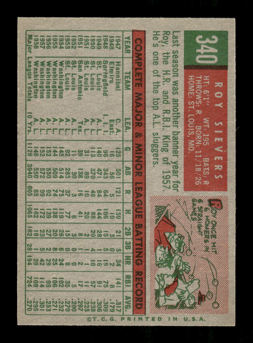 1959 Topps #340 Roy Sievers Washington Senators NMT HOF10011508