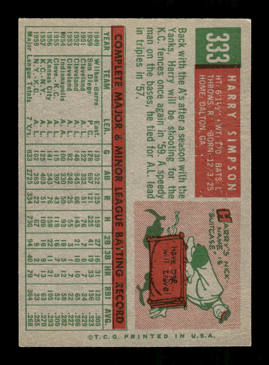 1959 Topps #333 Harry Simpson Kansas City Athletics NMT HOF10011509