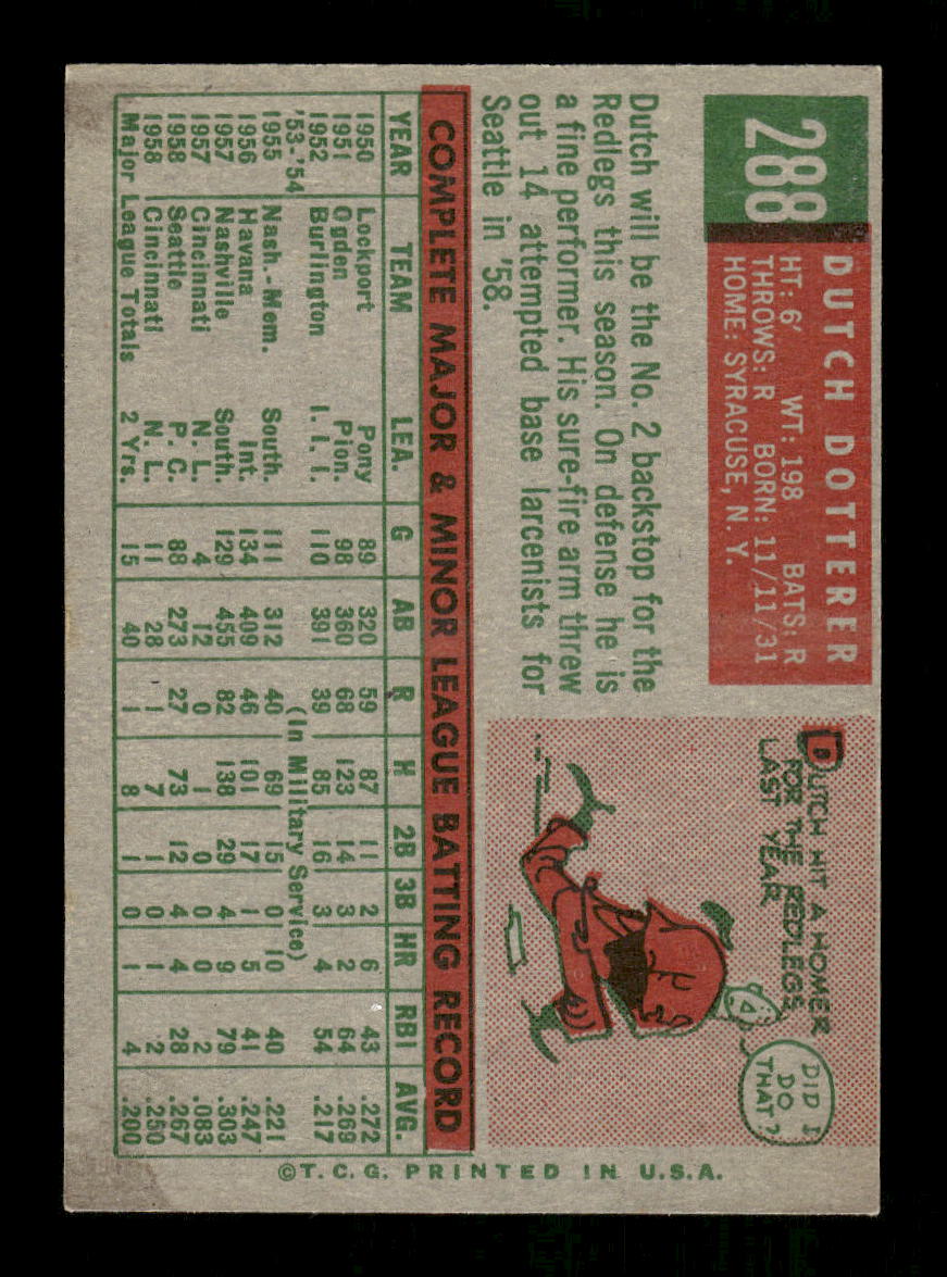 1959 Topps #288 Dutch Dotterer Cincinnati Redlegs NMT HOF10011514