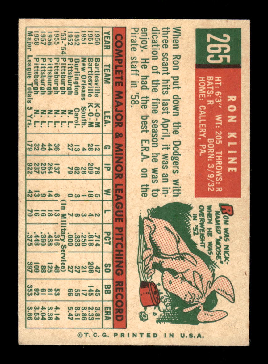 1959 Topps #265a Ron Kline Pittsburgh Pirates NMT HOF10011515