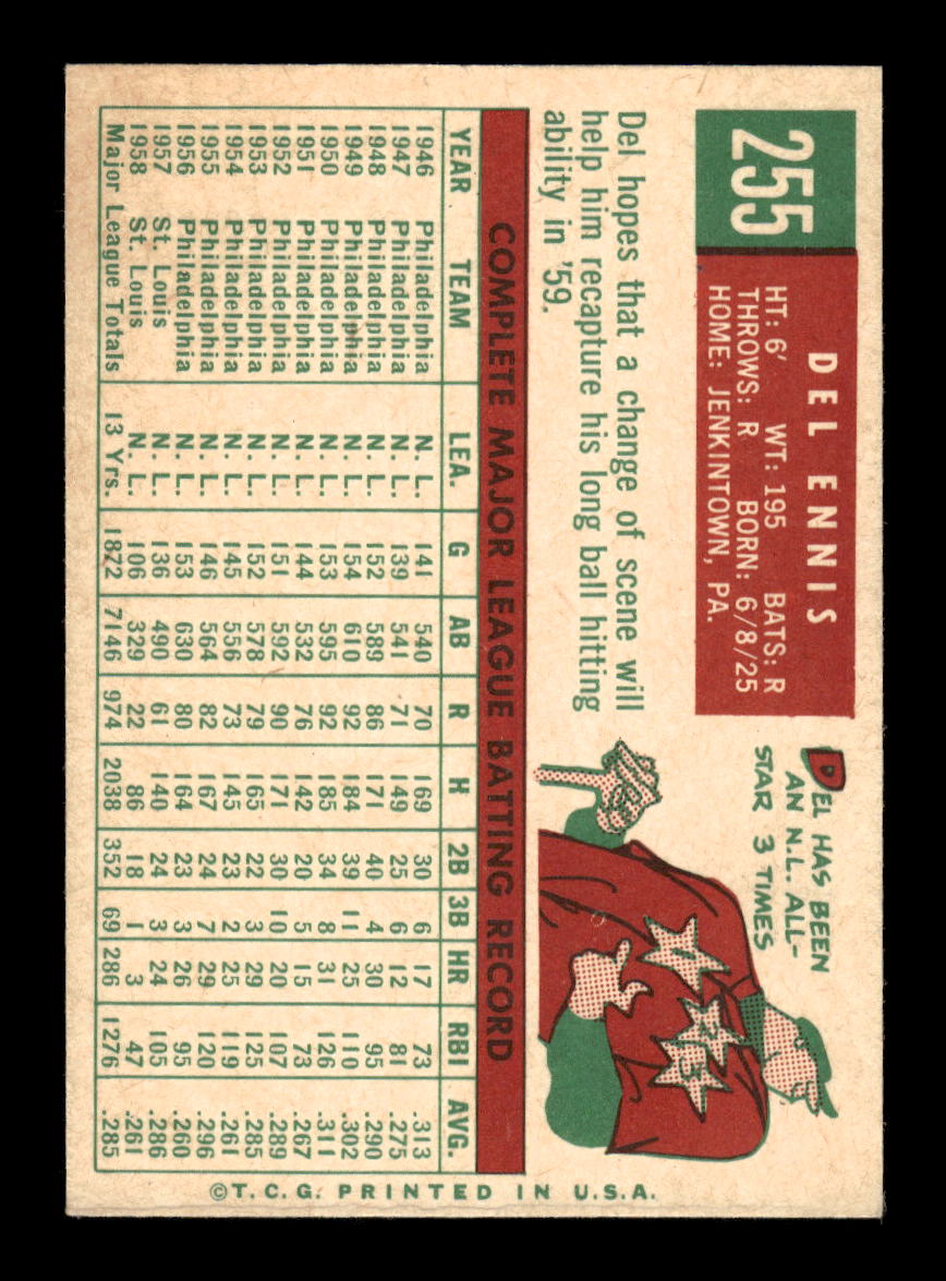 1959 Topps #255a Del Ennis Cincinnati Redlegs NMT HOF10011516