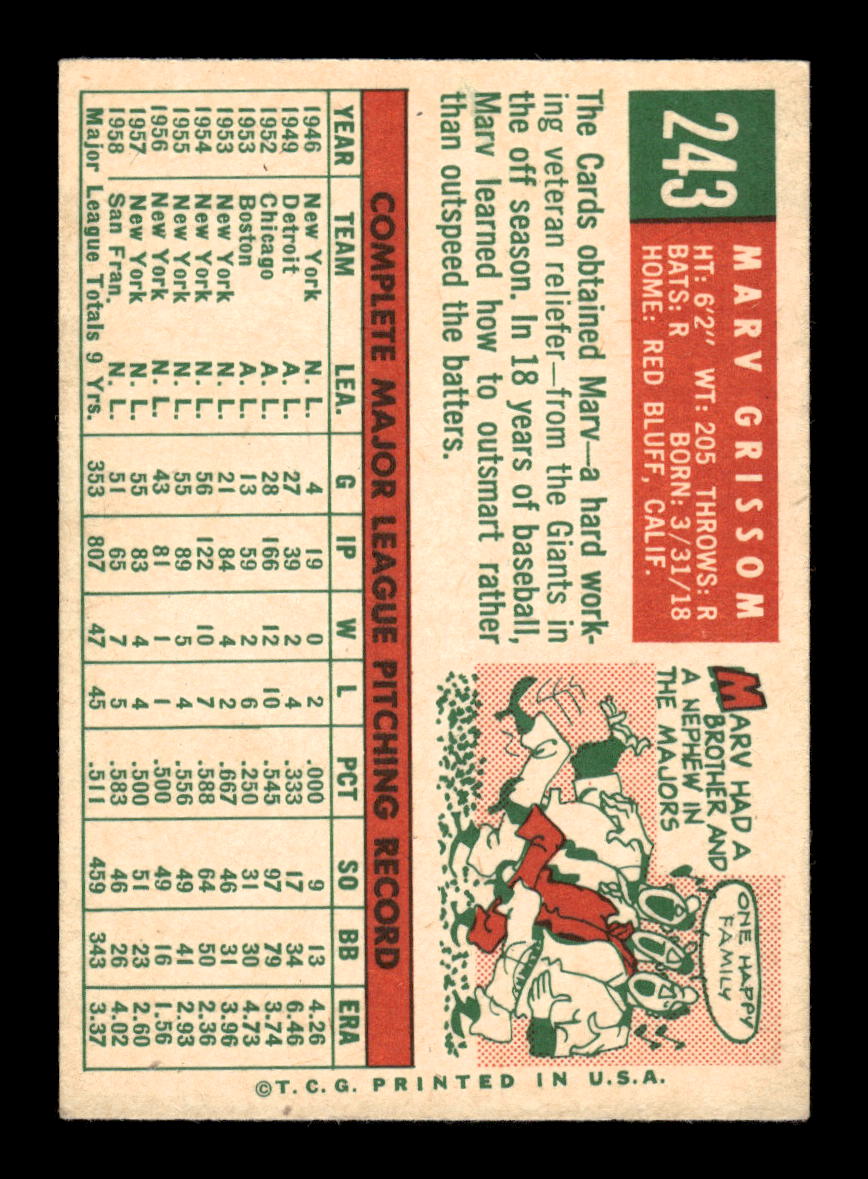 1959 Topps #243b Marv Grissom St. Louis Cardinals NMT HOF10011520
