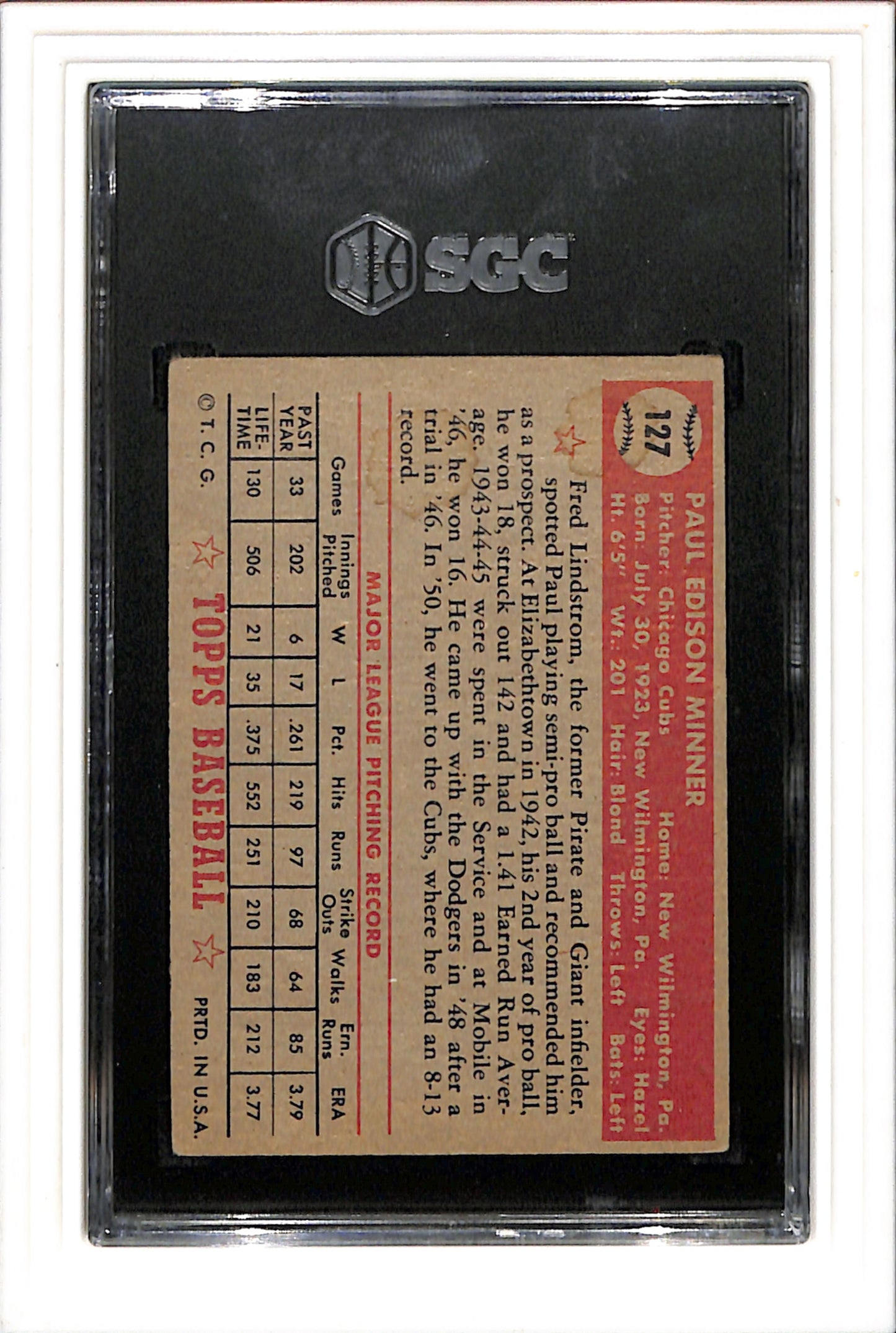 1952 Topps #127 Paul Minner SGC 2.5 SN 0657219