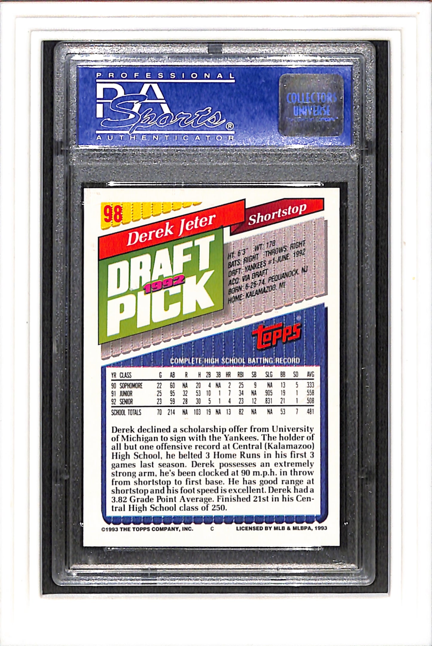 1993 Topps Gold #98 Derek Jeter PSA 9 SN 01509111