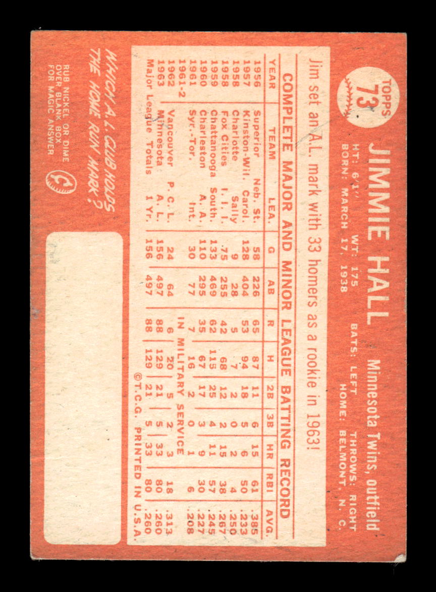 1964 Topps #73 Jimmie Hall Minnesota Twins VGEX HOF10011596