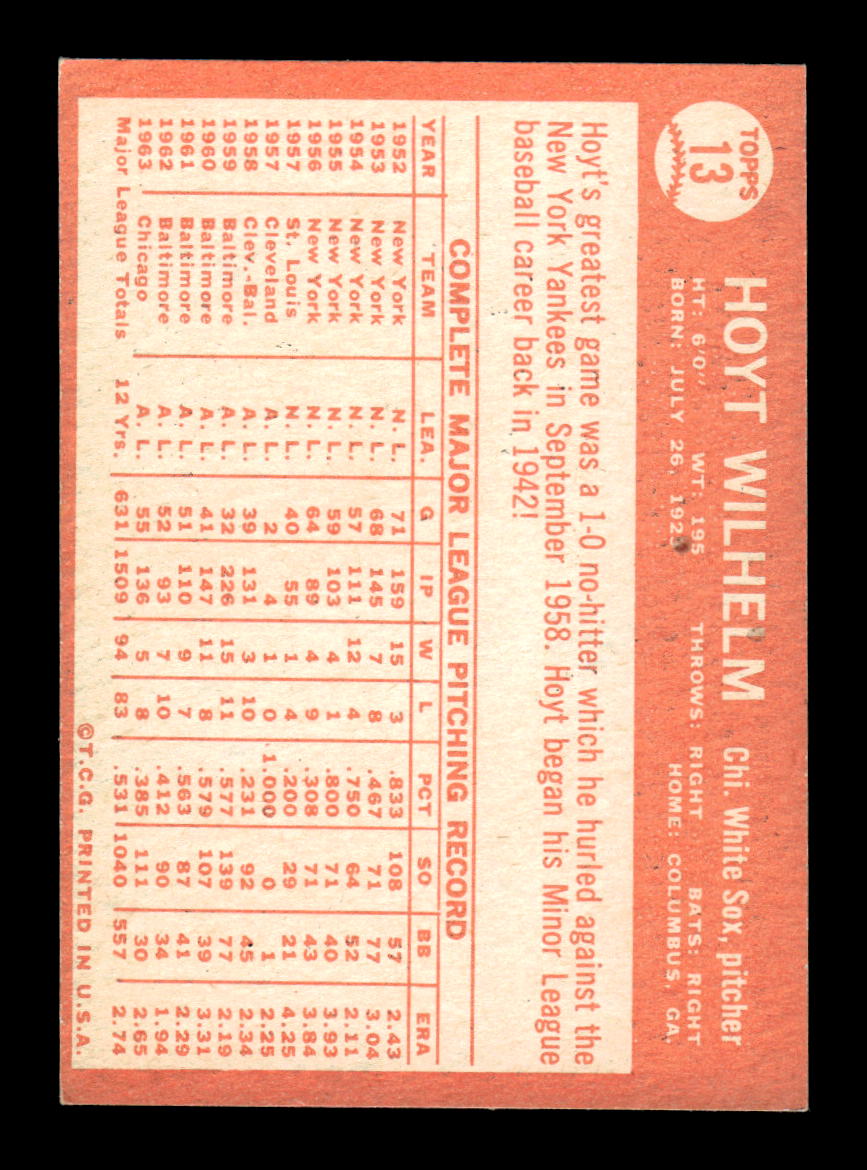 1964 Topps #13 Hoyt Wilhelm Chicago White Sox VGEX HOF10011601
