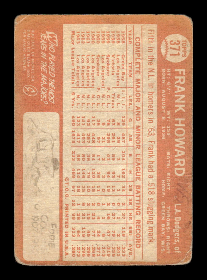 1964 Topps #371 Frank Howard Los Angeles Dodgers Poor HOF10011623