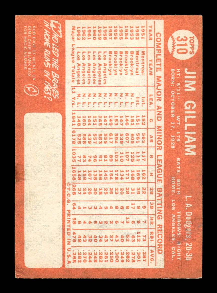1964 Topps #310 Jim Gilliam Los Angeles Dodgers VG HOF10011627
