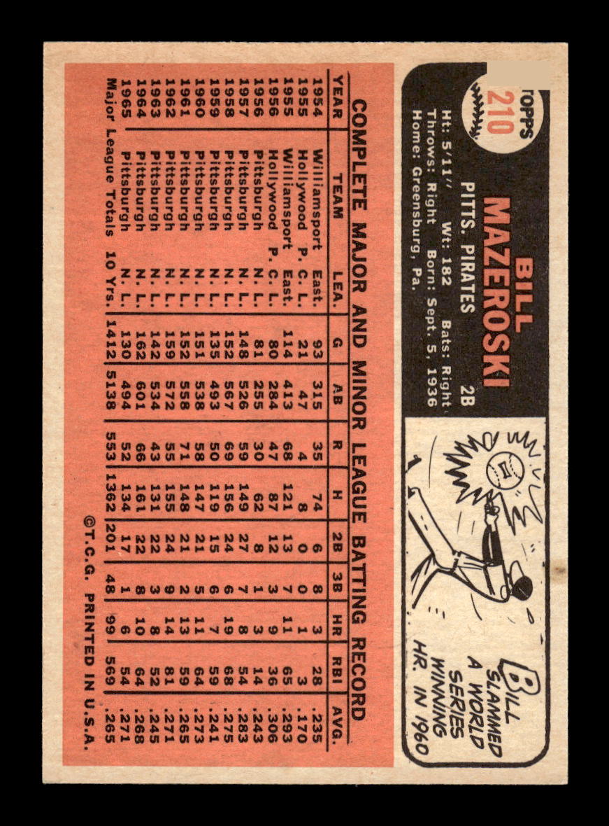 1966 Topps #210 Bill Mazeroski Pittsburgh Pirates VGEX HOF10011661